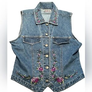 Vintage Bill Blass Size Medium Blue Denim Jean Jacket Vest, Purple Flowers